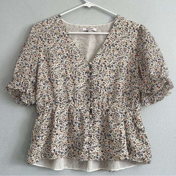 Madewell Silk V-Neck Peplum Popover Top Fieldwalk Floral Cottagecore Sz S Romant - Picture 4 of 14